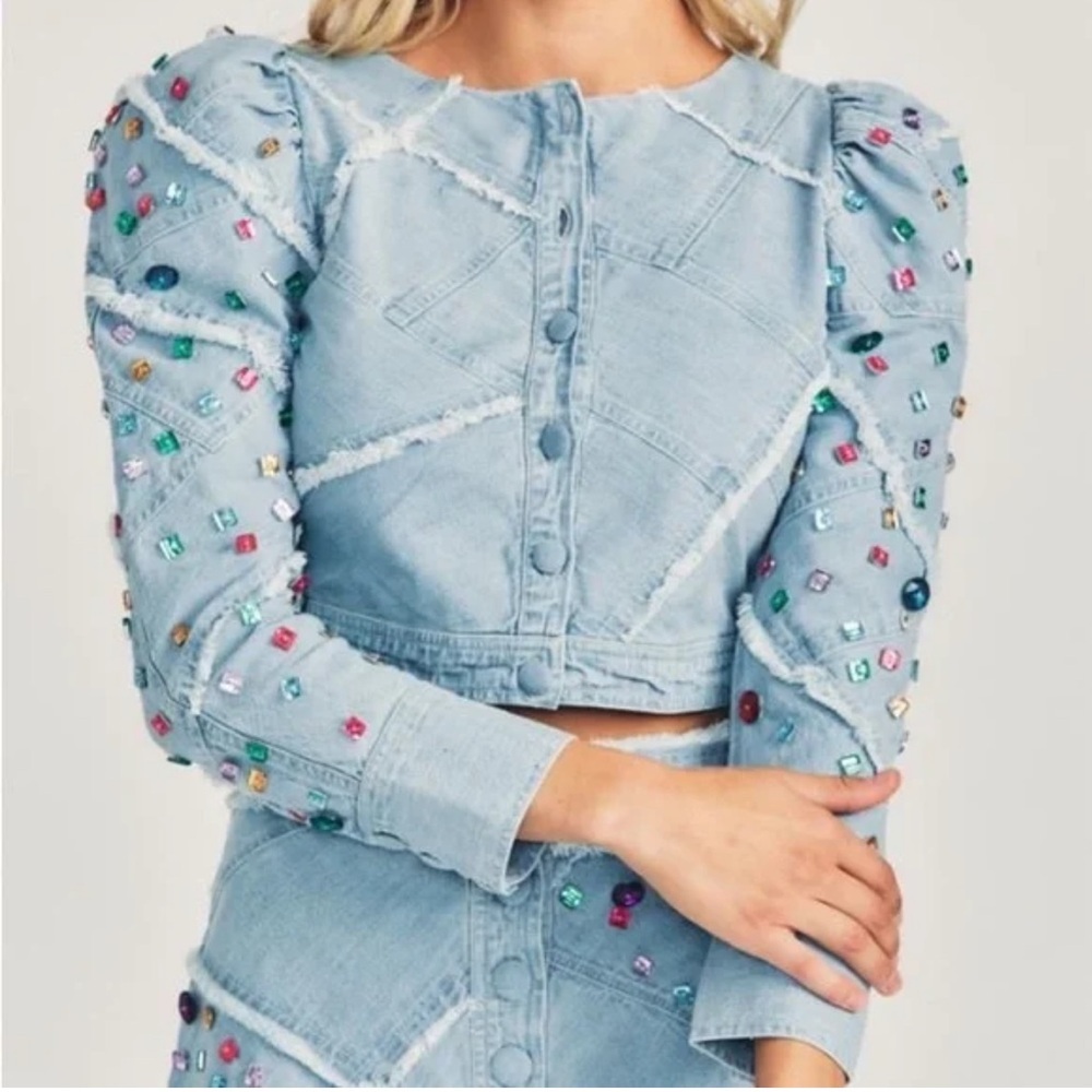 Love Shack Fancy Eleora Crop Jacket in Washed Denim, size 12
